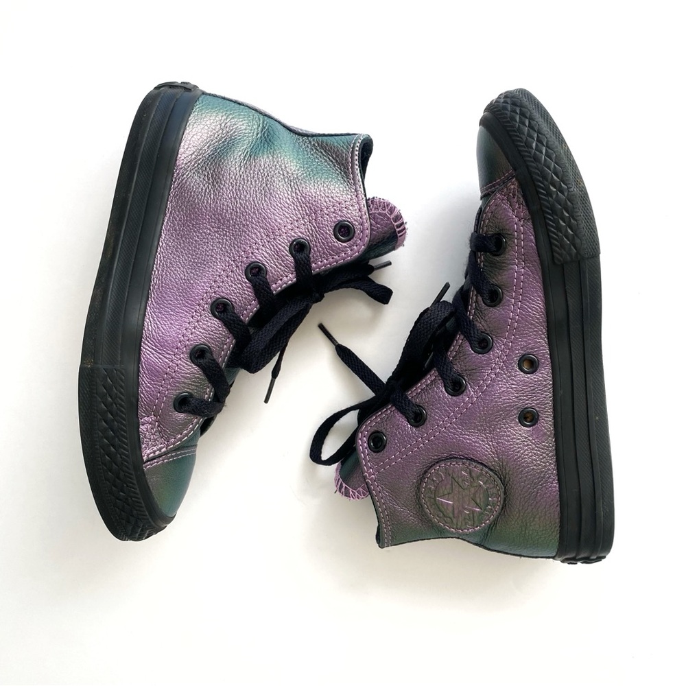 CONVERSE CHUCK TAYLOR ALL STAR PURPLE BLACK IRIDESCENT LEATHER HIGH TOP SHOES - Picture 5 of 11